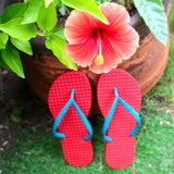 Women's Sustainable Flip Flops Red Coral sole with Maldives Turquoise straps
