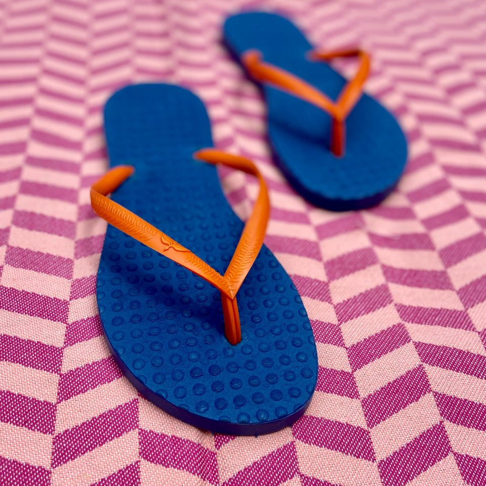 Women's Sustainable Flip Flops Navy with Orange Straps