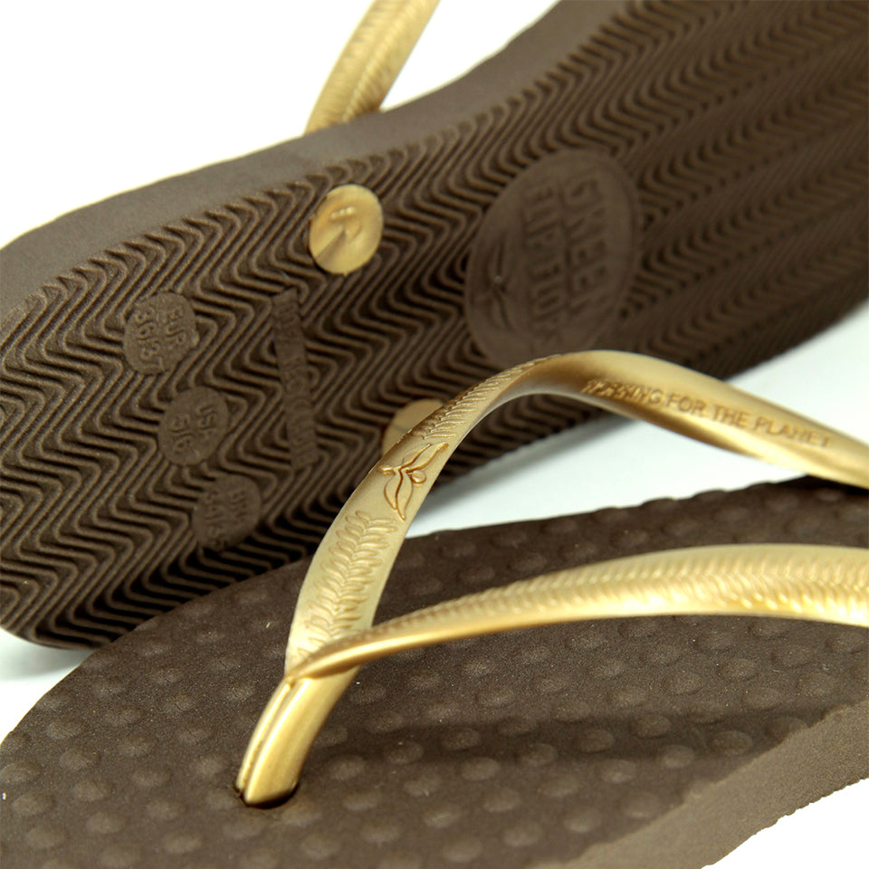 Women's Sustainable Flip Flops Brown with Golden Straps