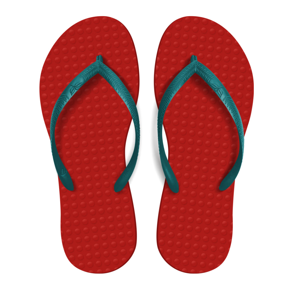 Women's Sustainable Flip Flops Red Coral sole with Maldives Turquoise straps