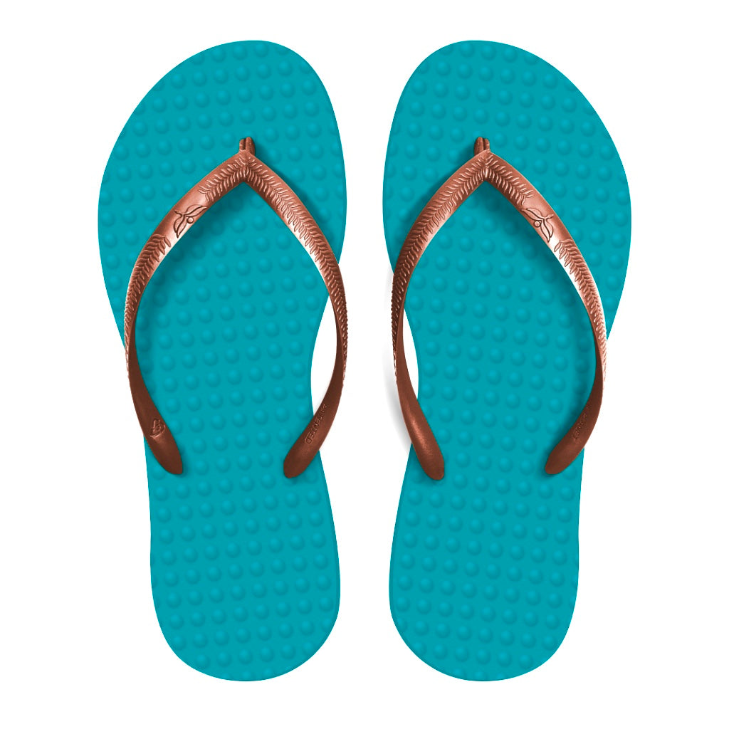Women's Sustainable Flip Flops Maldives Turquoise sole with Copper straps