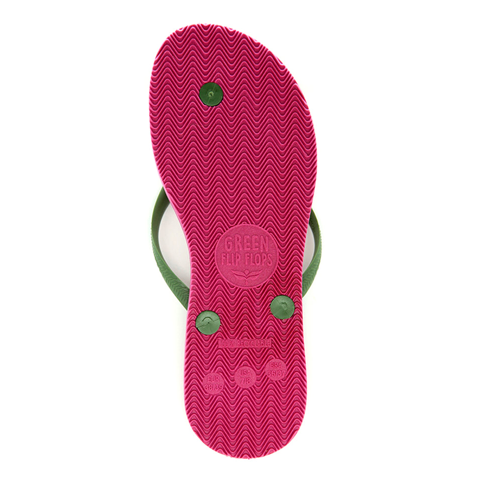 Women's Sustainable Flip Flops Fuchsia with Army Green Straps