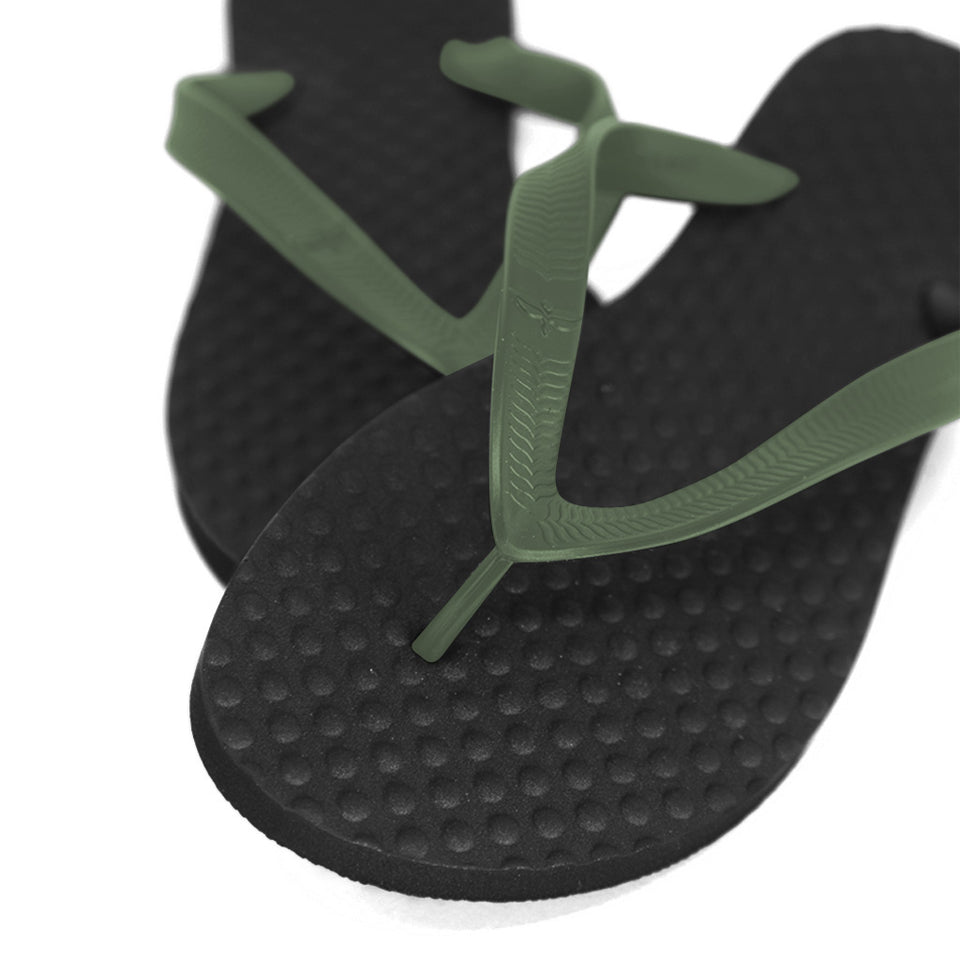 Men's Sustainable Flip Flops Recycled Black with Army Green Straps