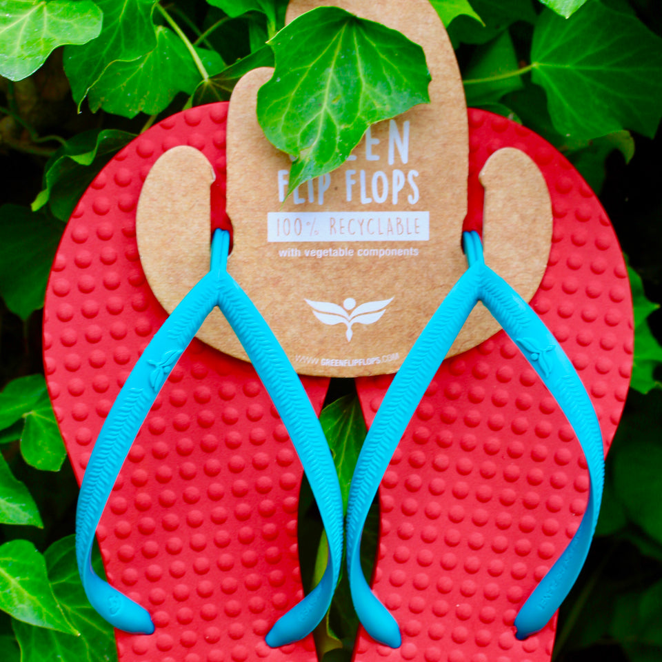 Women's Sustainable Flip Flops Red Coral sole with Maldives Turquoise straps