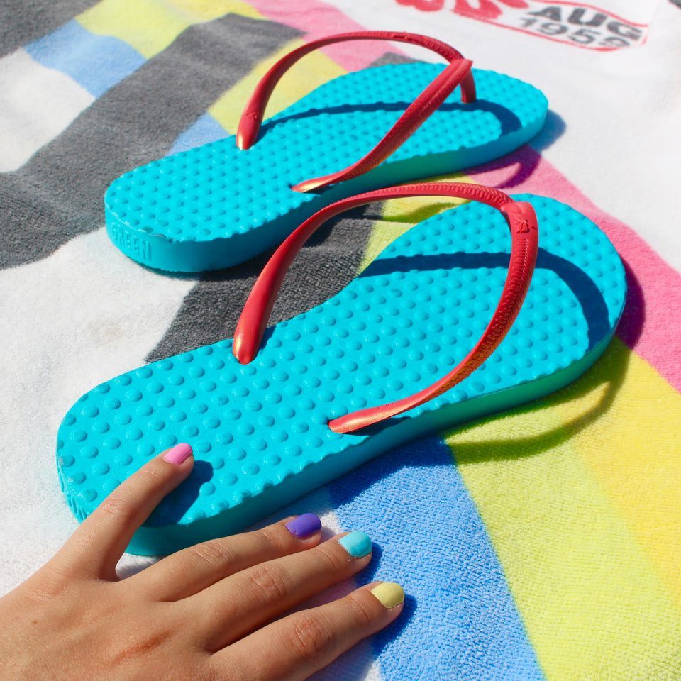 Women's Sustainable Flip Flops Turquoise with Watermelon Straps