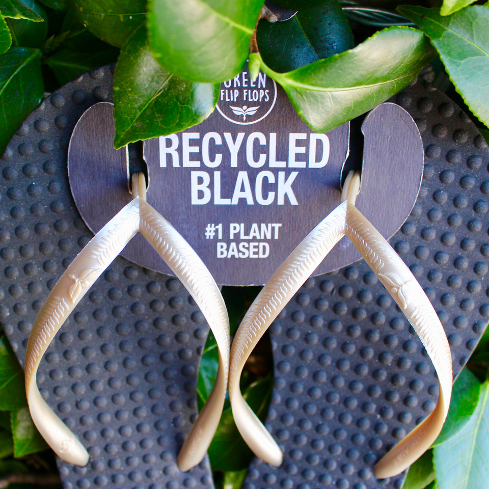Women's Sustainable Flip Flops Recycled Black with Pearl Straps