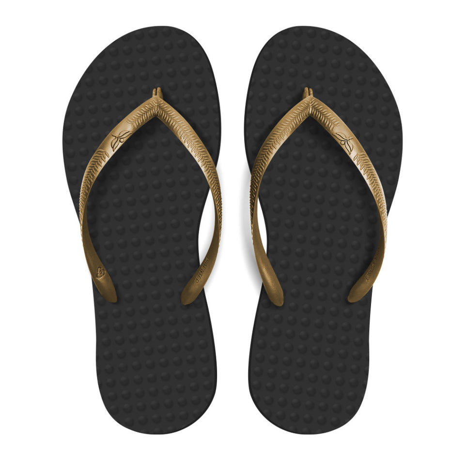 Women's Sustainable Flip Flops Recycled Black with Golden Straps