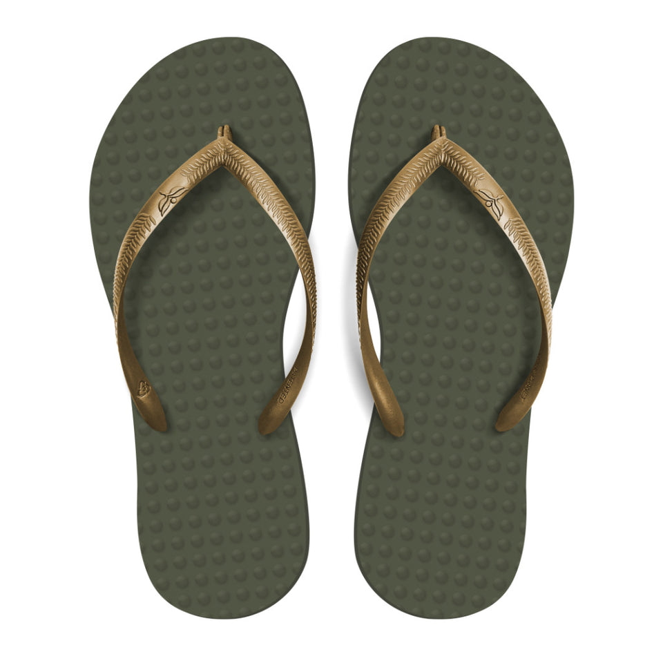 Women's Sustainable Flip Flops Military Green with Golden Straps